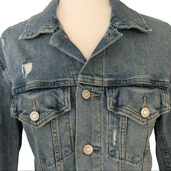 Lucky Brand Women's Jean Denim Truck Jacket Size XS Ripped Pockets Long Sleeve - Picture 10 of 12